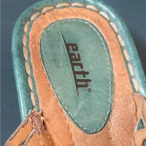 Earth Wander Leather Teal Thong Sandals Women’s 8B Cushioned Slight Wedge - Picture 2 of 11